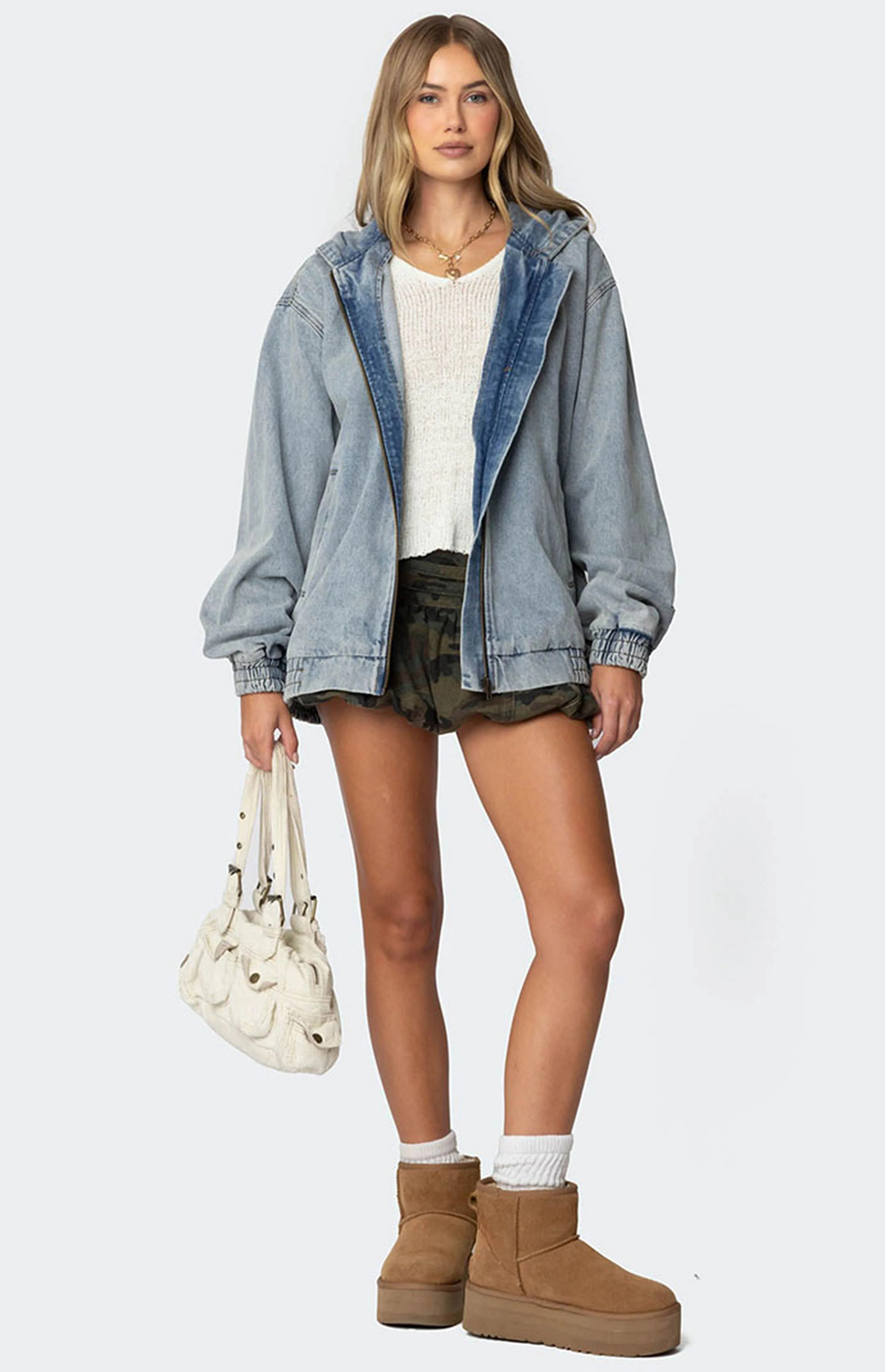 Edikted Hooded Vintage Washed Denim Bomber Jacket | PacSun
