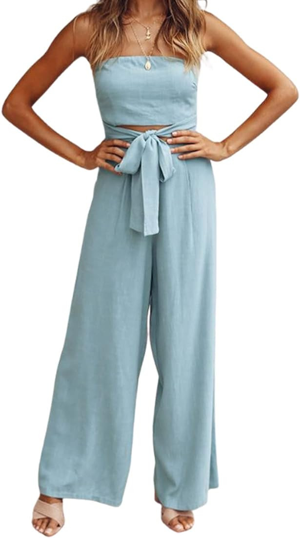 utcoco Women's Summer Sexy Jumpsuit Strapless Off Shoulder Tie Waist Wide Leg Pants Rompers | Amazon (US)