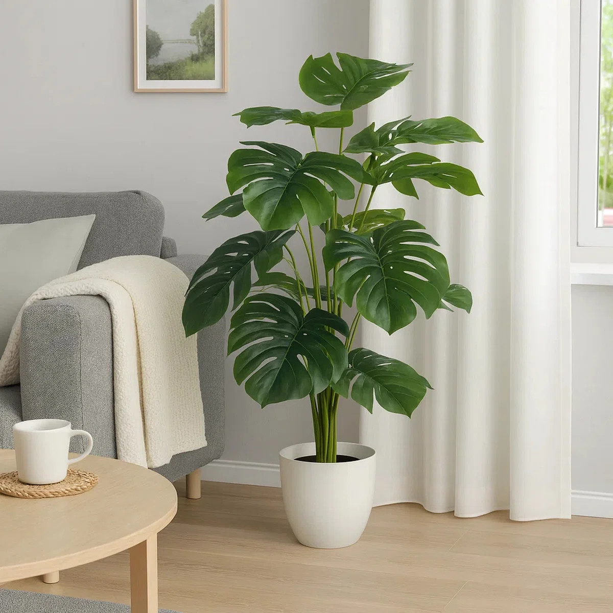 Zerry Faux Monstera Tree, 12 Large Green Lifelike Leaves, White Pot | Wayfair North America