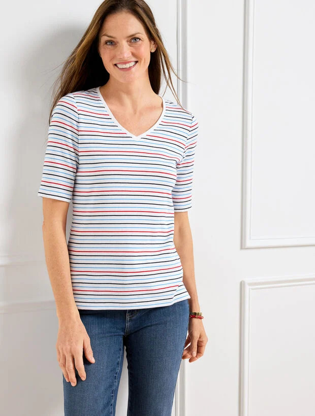 Elbow Sleeve V-Neck Tee - Margot Stripe | Talbots