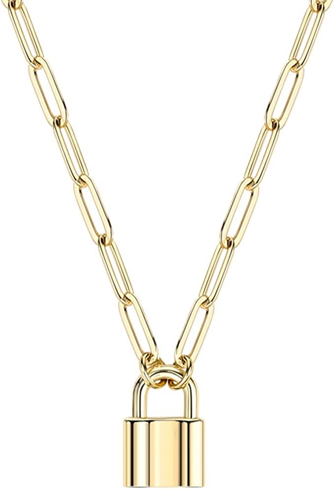 14K Gold Plated Lock Necklace for Women and Girls Paperclip Link Chain Padlock Necklace Non-Tarni... | Amazon (US)