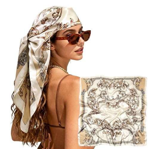 Vylxuxa Large Square Head Scarf Bandana - 35" Satin Hair Scarf for Women Like Silk Scarf Fashion Printed Head Scarves for Hair Wrapping Baroque Scroll(Ivory Gold) | Amazon (US)