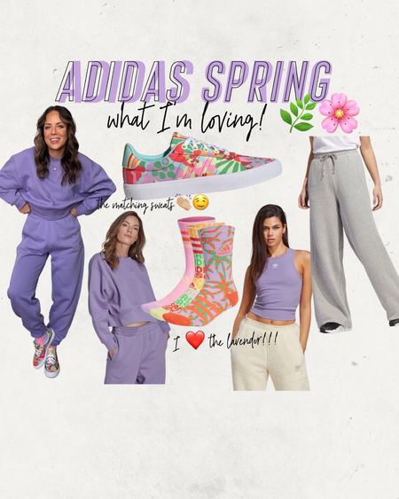 Adidas spring finds! Loving the lilac lavender shade for spring. Farm Rio Adidas sneakers are SO FUN! They fit true to size. I grabbed a small in all the clothes but I def should have done XS in the bottom of the matching sweats!

#LTKsalealert #LTKshoecrush #LTKunder100