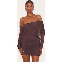 Chocolate Layered Mesh Asymmetric Long Sleeve Mini Dress | PrettyLittleThing US
