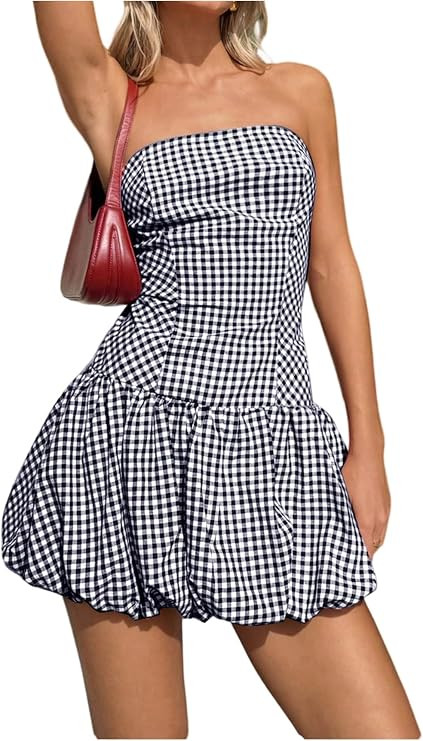 SweatyRocks Women's Plaid Strapless Bubble Dress Sleeveless Ruffle Mini Tube Dresses | Amazon (US)