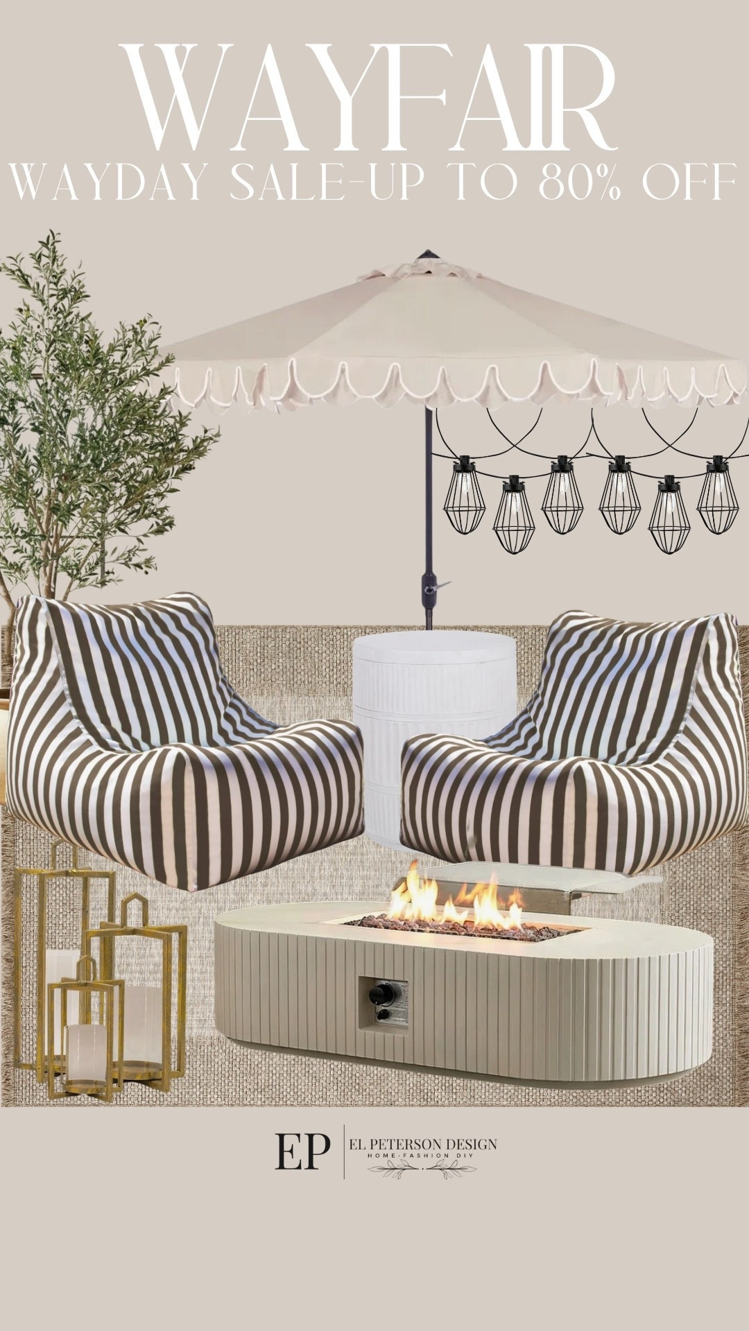 Wayfair Wayday sale
Rug
Bean bag
String Light
Umbrella
Fire pit
Floor lantern 
End table
Faux tree

#LTKHome