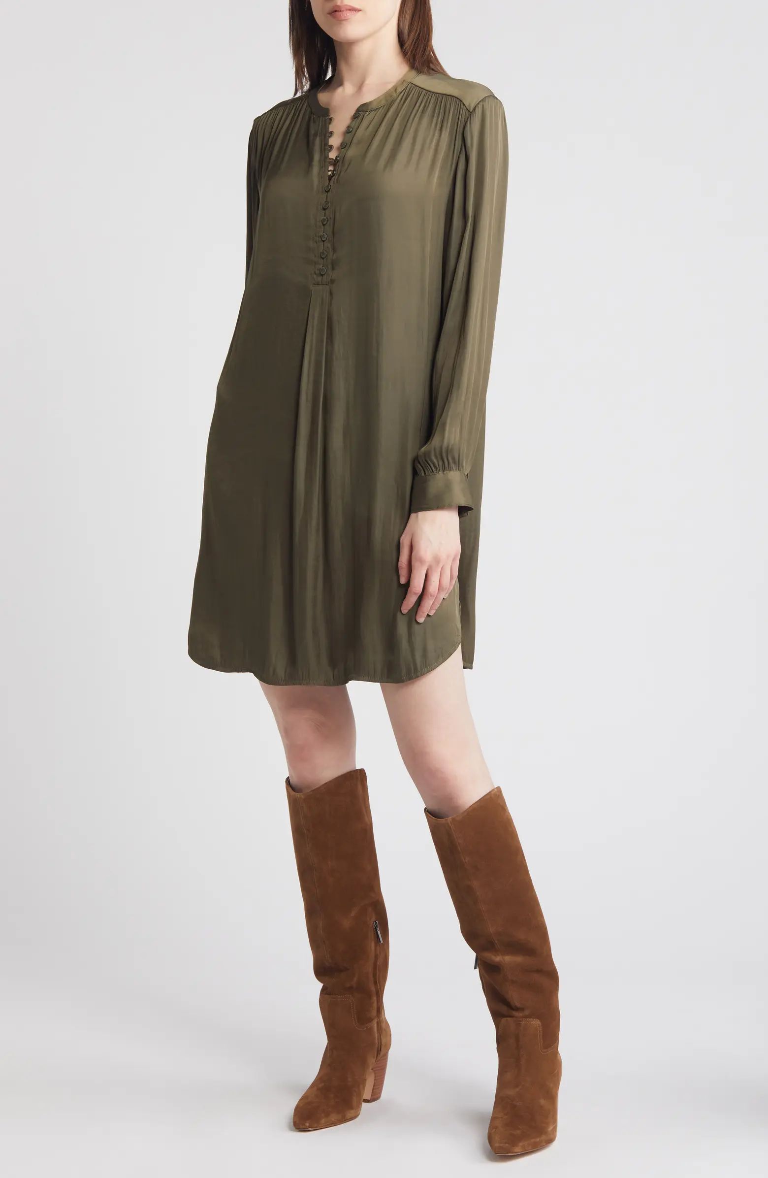 Button Front Long Sleeve Satin Dress | Nordstrom