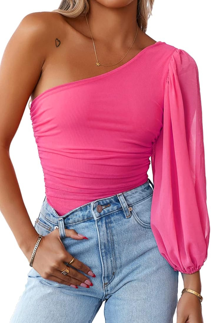 Lesore Womens Slim Fit One Shoulder Mesh Long Sleeve Strapless Solid Tops Tunics Blouses | Amazon (US)