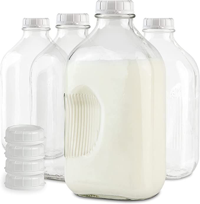 Stock Your Home Half Gallon Glass Milk Bottle with Lid (4 Pack) 64 Oz Jugs and 8 White Caps, Reus... | Amazon (US)