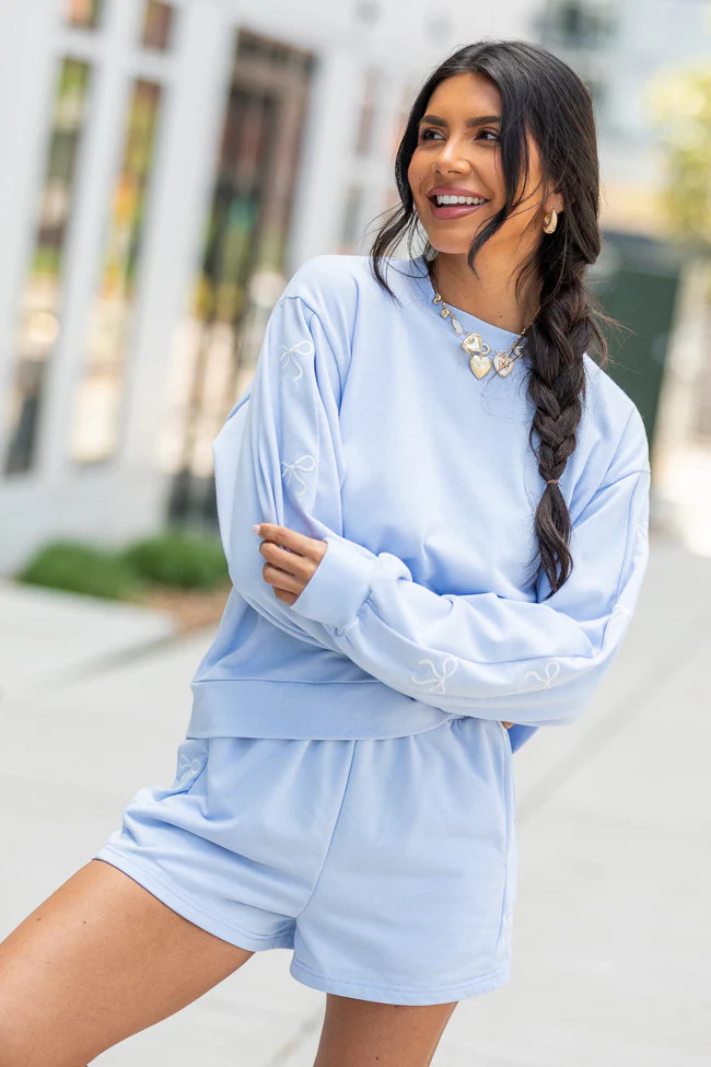 Just Imagine It Light Blue Bow Crewneck Long Sleeve Sweatshirt | Pink Lily