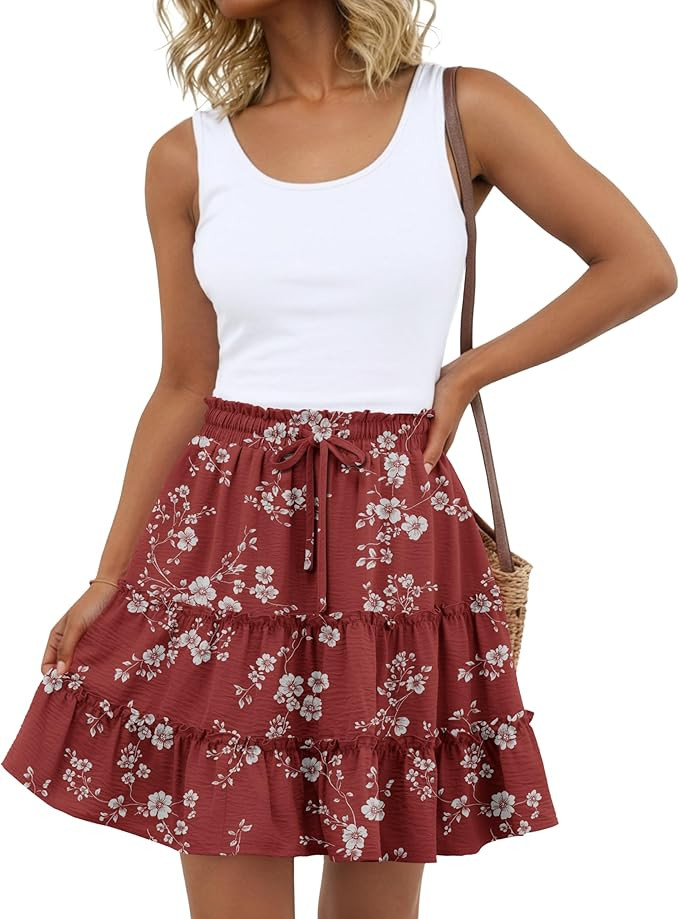 Boho Skirts for Women Flowy Casual Cute Skorts Built-in Shorts Floral Ruffle Tiered Skirts with P... | Amazon (US)