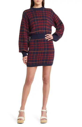 En Saison Bronte Plaid Long Sleeve Sweater Minidress in Navy at Nordstrom Rack, Size X-Small | Nordstrom Rack