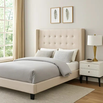 Seny Bed, Button Tufted Wingback, Sand Brown Upholstery | Wayfair North America