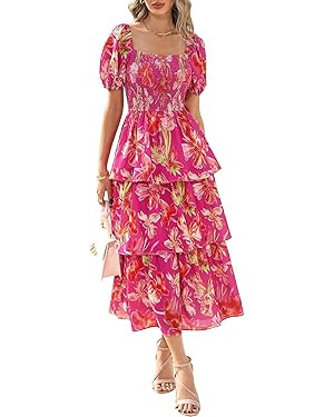 BTFBM Womens Square Neck Smocked Dress Summer Puff Short Sleeve Floral Casual Ruffle Tiered Maxi ... | Amazon (US)