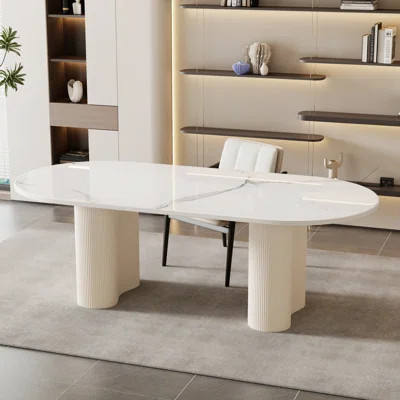 70.87" Beige Writing Desk, Glossy White Sintered Stone Tabletop, Oval Office Desk | Wayfair North America