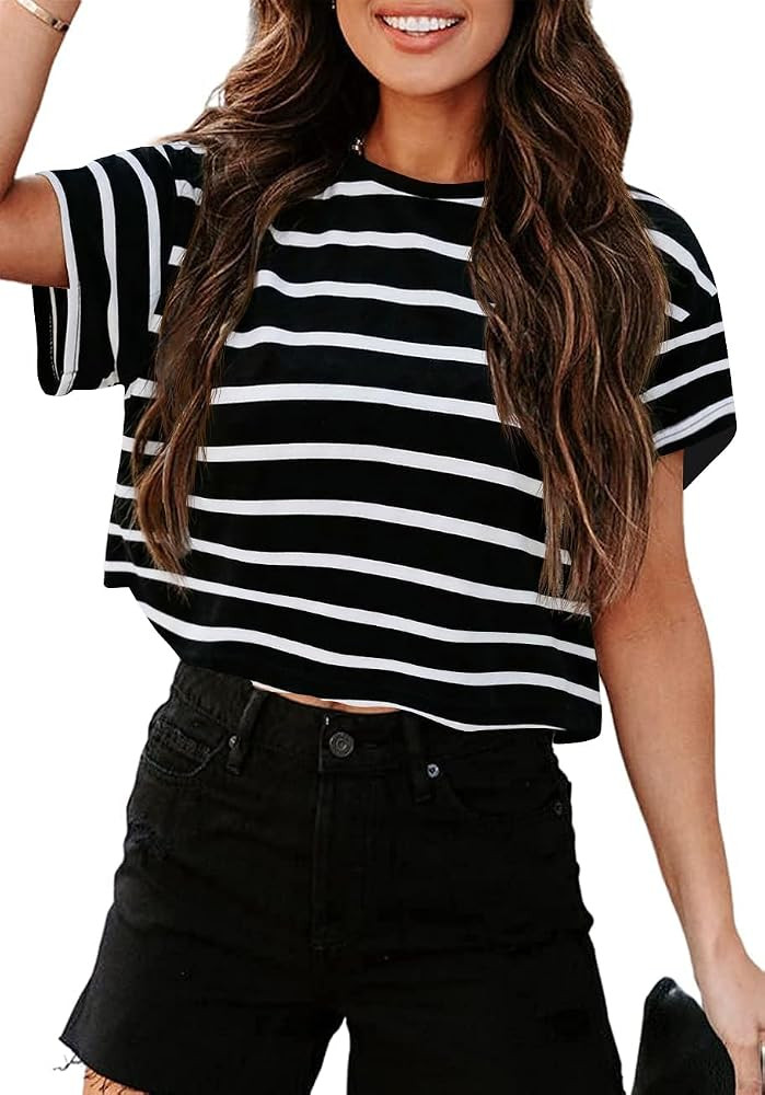Tankaneo Women Short Sleeve Cropped T-Shirts Crew Neck Loose Crop Tops Summer Casual Drop Shoulde... | Amazon (US)