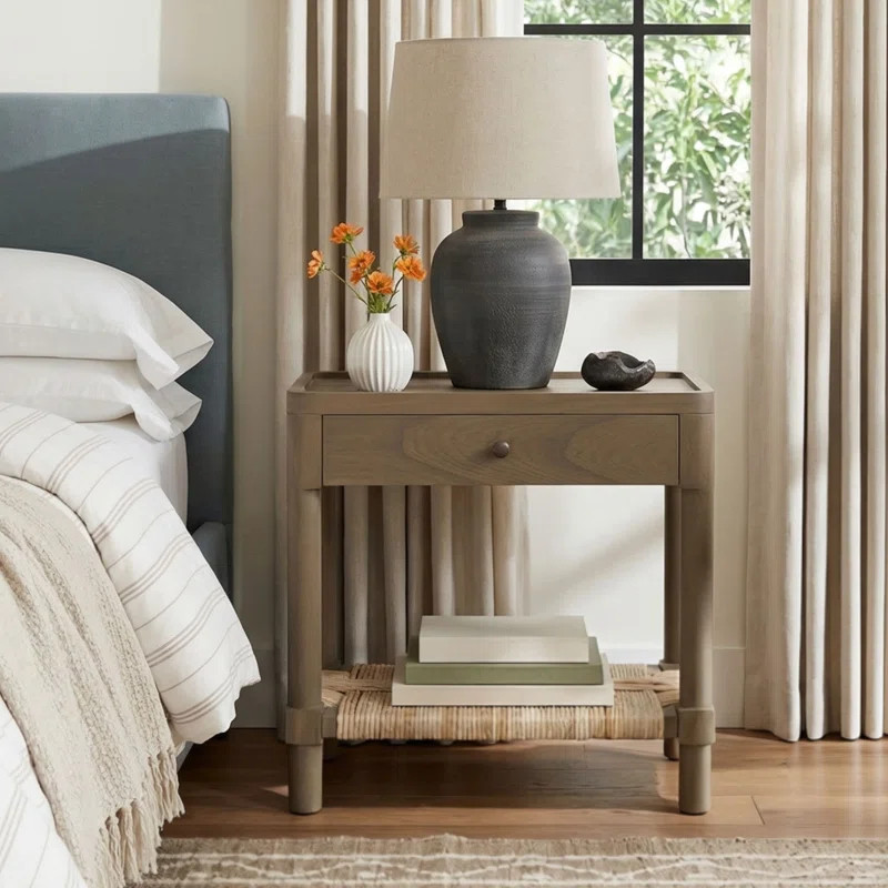 Asher Tray Top Nightstand With Drawer And Rush Shelf, Chestnut Brown | Wayfair North America