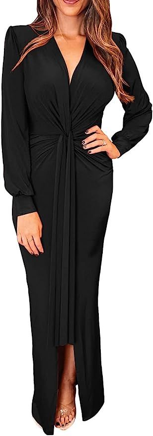 PRETTYGARDEN Women's Spring Long Sleeve Maxi Bodycon Dresses V Neck Twist Front Ruched Cocktail E... | Amazon (US)