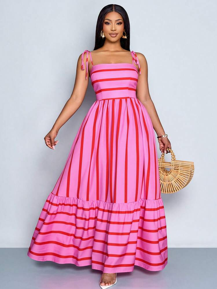 Plus Size Pink Striped Long Cami Dress With Flounce Hem For Women Casual Summer Sleeveless Spaghetti Strap Woven Fabric Cinco De Mayo Hot Pink,Holiday Vacation, Tropical Vacation, Island Vacation, Casual Dress, Vacation Dress,Maxi Dress | SHEIN