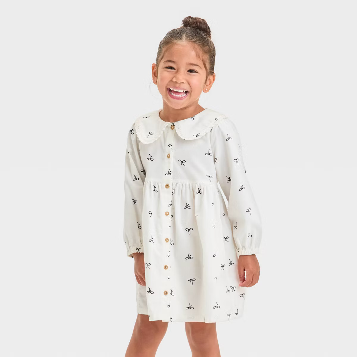 Toddler Girls' Long Sleeve Bow Printed Dress - Cat & Jack™ Cream 2T | Target