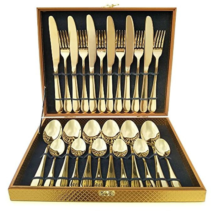 Flatware Set, Magicpro Modern Royal 24-Pieces gold Stainless Steel Flatware for Wedding Festival Chr | Amazon (US)