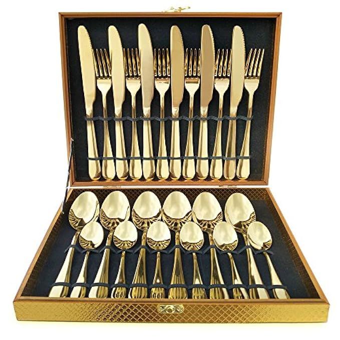 Flatware Set, Magicpro Modern Royal 24-Pieces gold Stainless Steel Flatware for Wedding Festival Chr | Amazon (US)