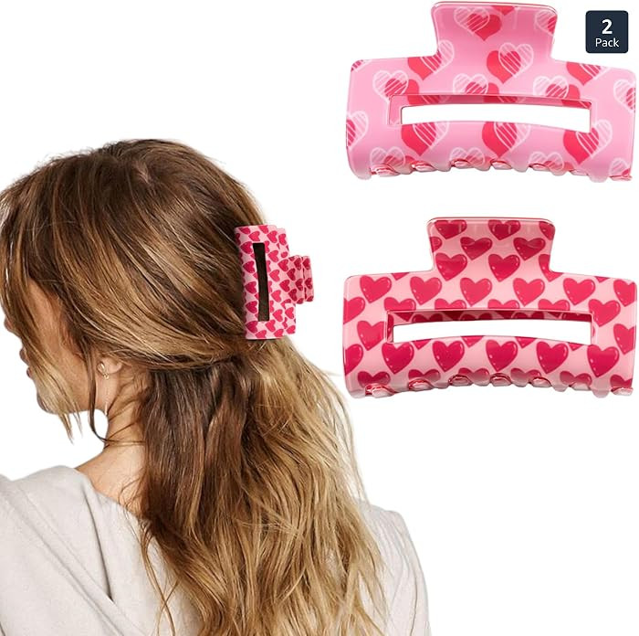 2 Pcs Valentine's Day Hair Claw Clips, Large Square Claw Clip for Thick and Thin Hair, Valentine'... | Amazon (US)