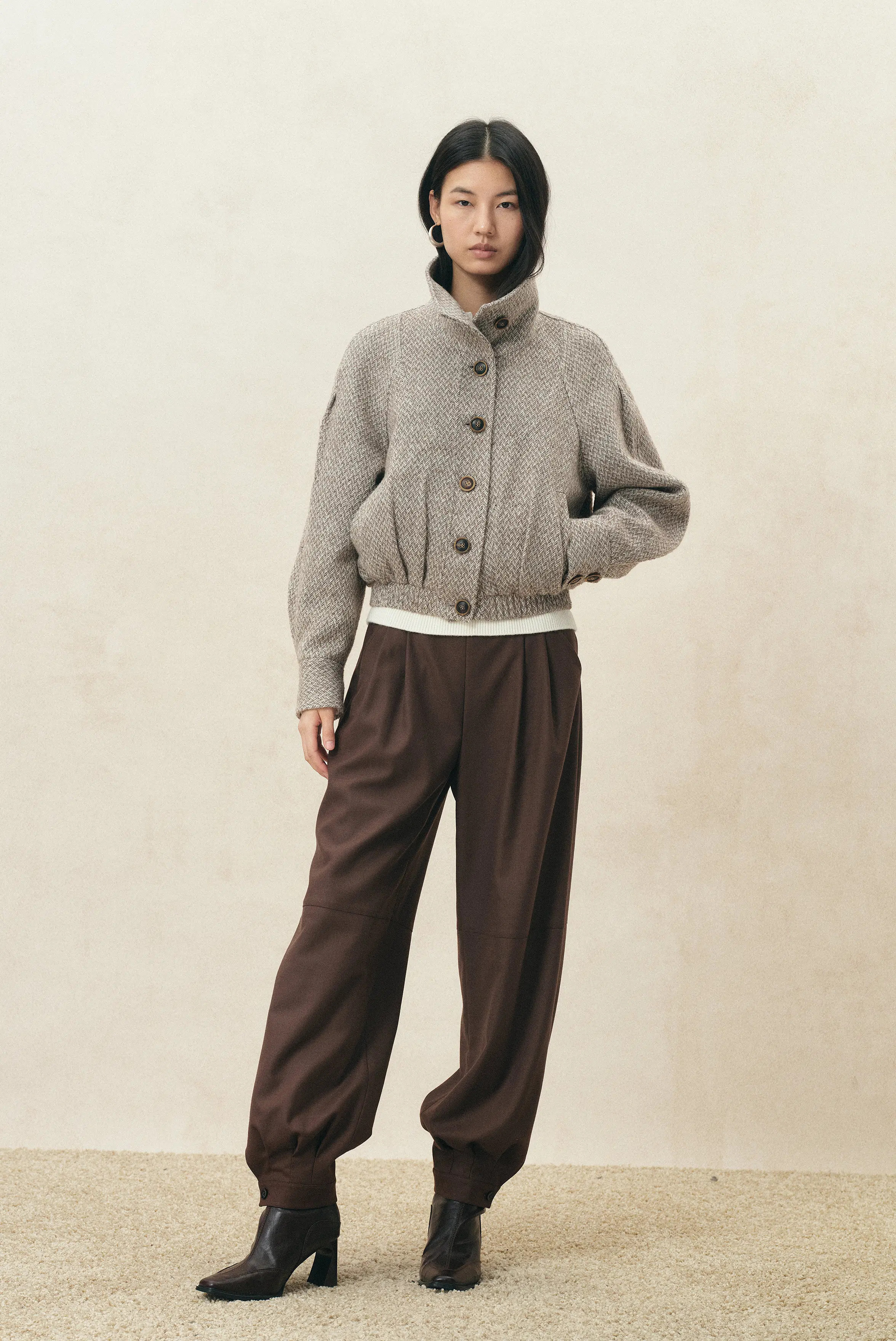 Hazel Textured Harrington Cropped Jacket in Wool Blend | Fabrique