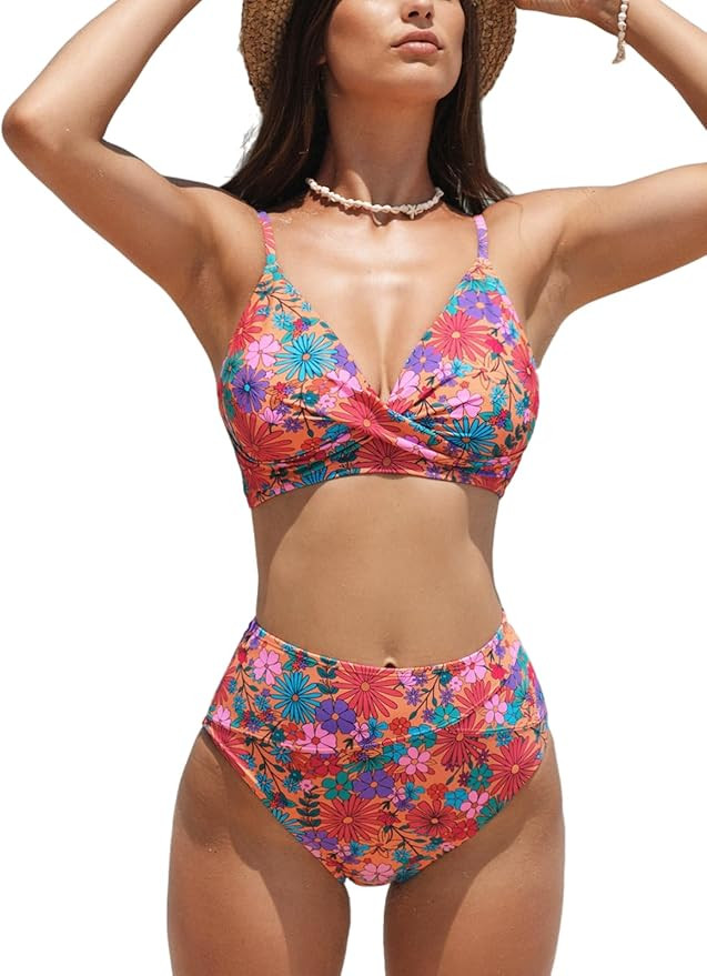 CUPSHE Women's Bikini Sets Two Piece Swimsuit High Waisted V Neck Twist Front Adjustable Spaghett... | Amazon (US)