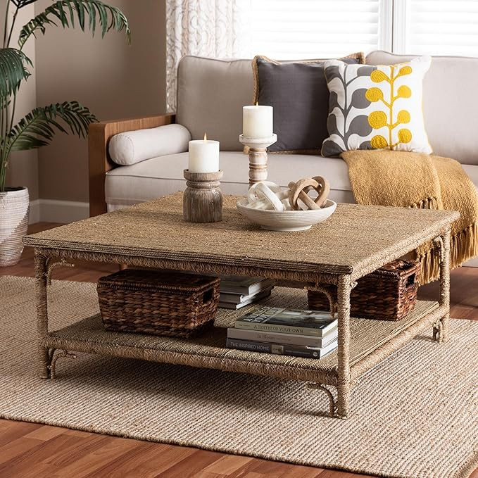 bali & pari Ganit Handwoven Seagrass Coffee Table - Square Center Table with Wrapped Frame and Lo... | Amazon (US)