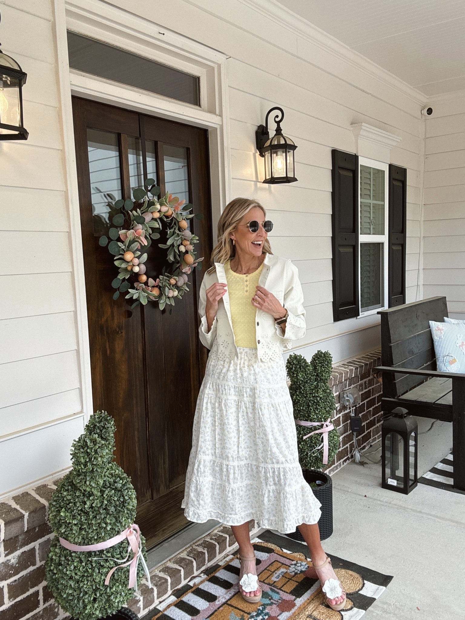 This under $20 women’s tiered ruffle skirt brings a fresh feminine touch to your wardrobe with its texture fabric and delegate lace tram wearing a size extra small. It is lined paired with this $10. Pointella top - also Walmart  just added this beautiful eyelet denim jacket under $40 