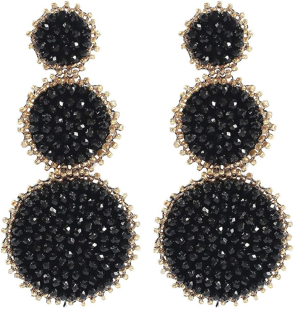 Solememo Statement Seed Beaded Drop Earring, Triple Tiers of Rhinestone Beaded Round Disc Dangle ... | Amazon (US)