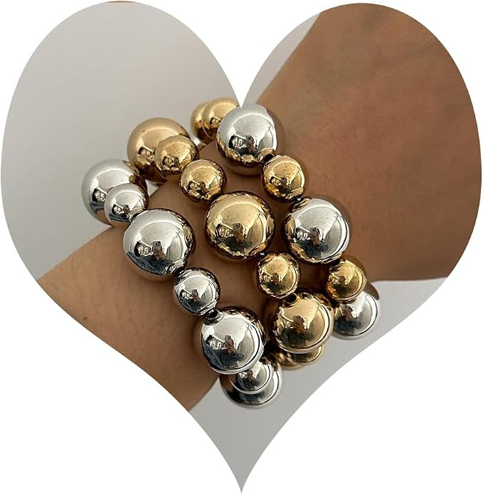 Chunky Gold Bracelets for Women Stackable Bracelets Big Gold Silver Ball Bangle Stretch Beaded Br... | Amazon (US)