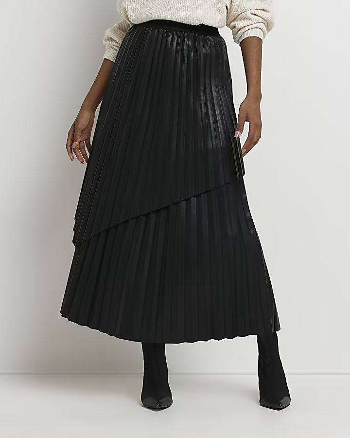 Black faux leather pleated maxi skirt | River Island (UK & IE)