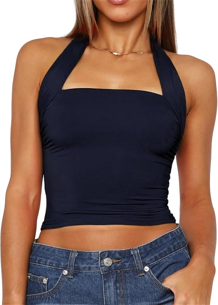 ForeFair Women Halter Neck Backless Crop Top Sexy Y2K Sleeveless Tank Top Open Back Slim Fit Tops | Amazon (US)