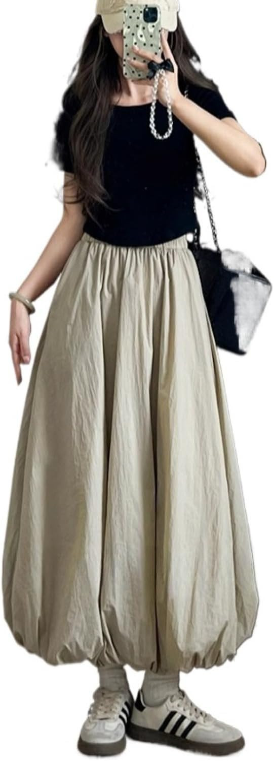 Puff Skirt A Line Elastic High Waist Midi Vintage Oversized Elegant Cute Summer Casual Streetwear... | Amazon (US)