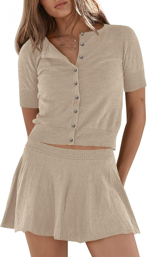 Wenrine Womens 2 Piece Skirt Sets 2026 Summer Knit Short Sleeve Button Cardigan and Mini Skirt Va... | Amazon (US)
