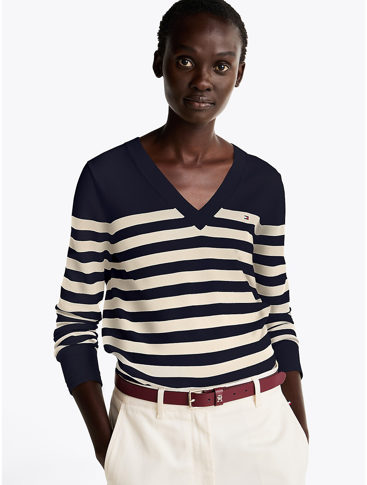 Tommy Hilfiger Women's Cotton Jersey V-Neck Sweater - Navy - L | Tommy Hilfiger (US)