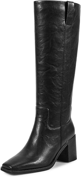 ISNOM Womens Knee High Boots with Chunky Heel Square Toe Block Tall Long Riding Boots with Zipper... | Amazon (US)