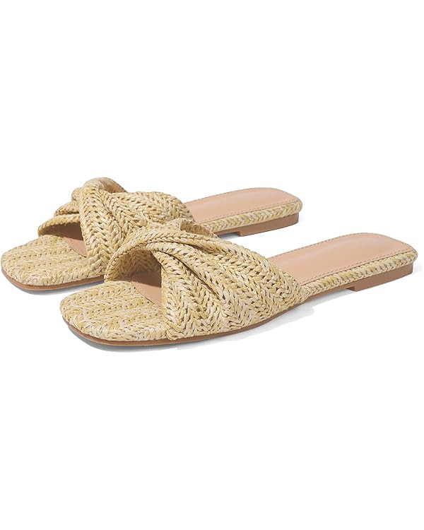 Raffia Flat Sandals for Women Straw Woven Braided Twist Slip On Slides - Summer, Open Toe, Beach,... | Amazon (US)