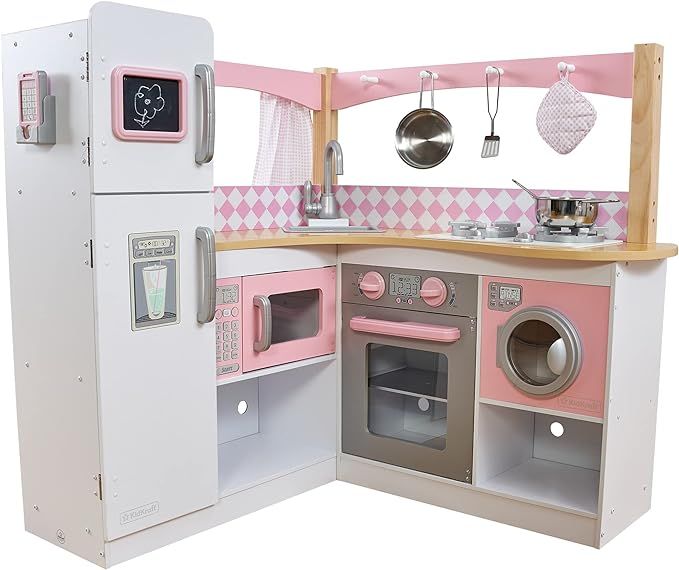 Amazon.com: KidKraft Grand Gourmet Corner Wooden Play Kitchen with Washer, Chalkboard, Curtains a... | Amazon (US)
