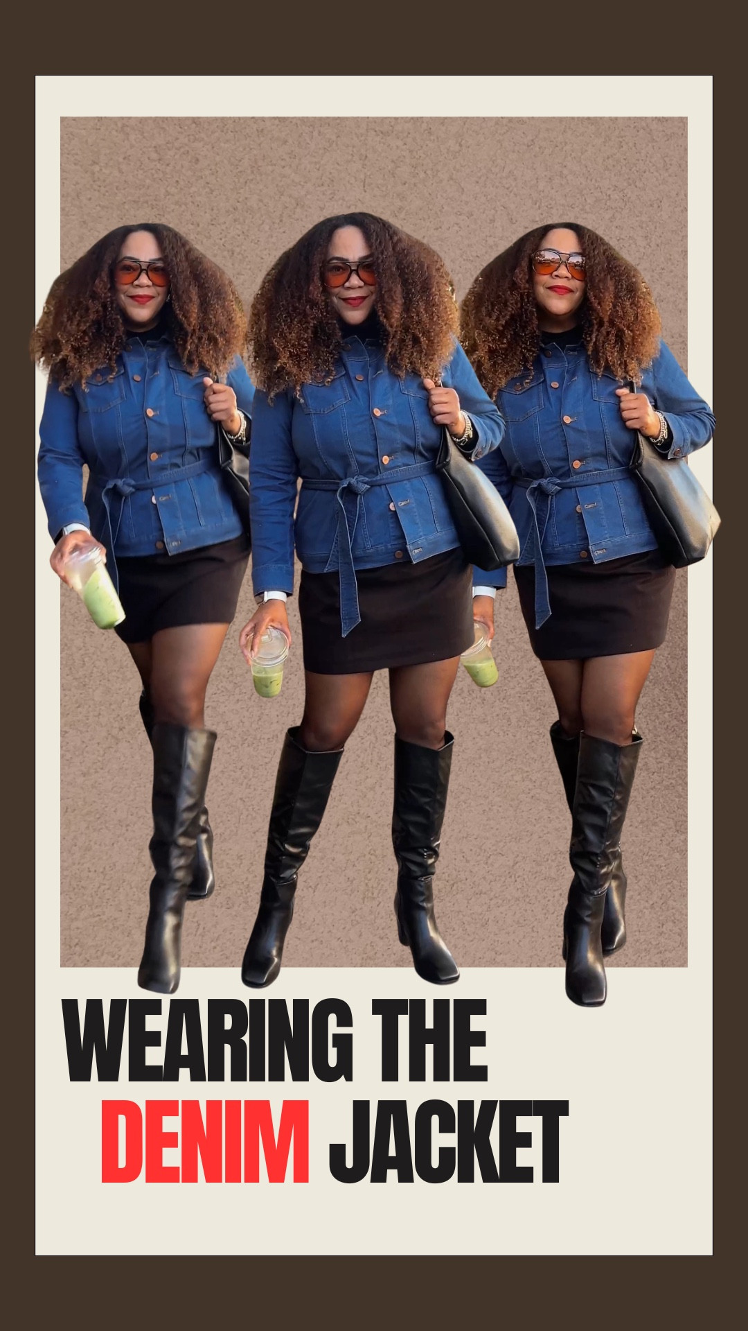 Digging this @jonesnewyork #ad denim belted jacket with a mini and boots. Retro vibes + matcha 🍵! Feeling put together but still warm with the boots and tights! So good! 