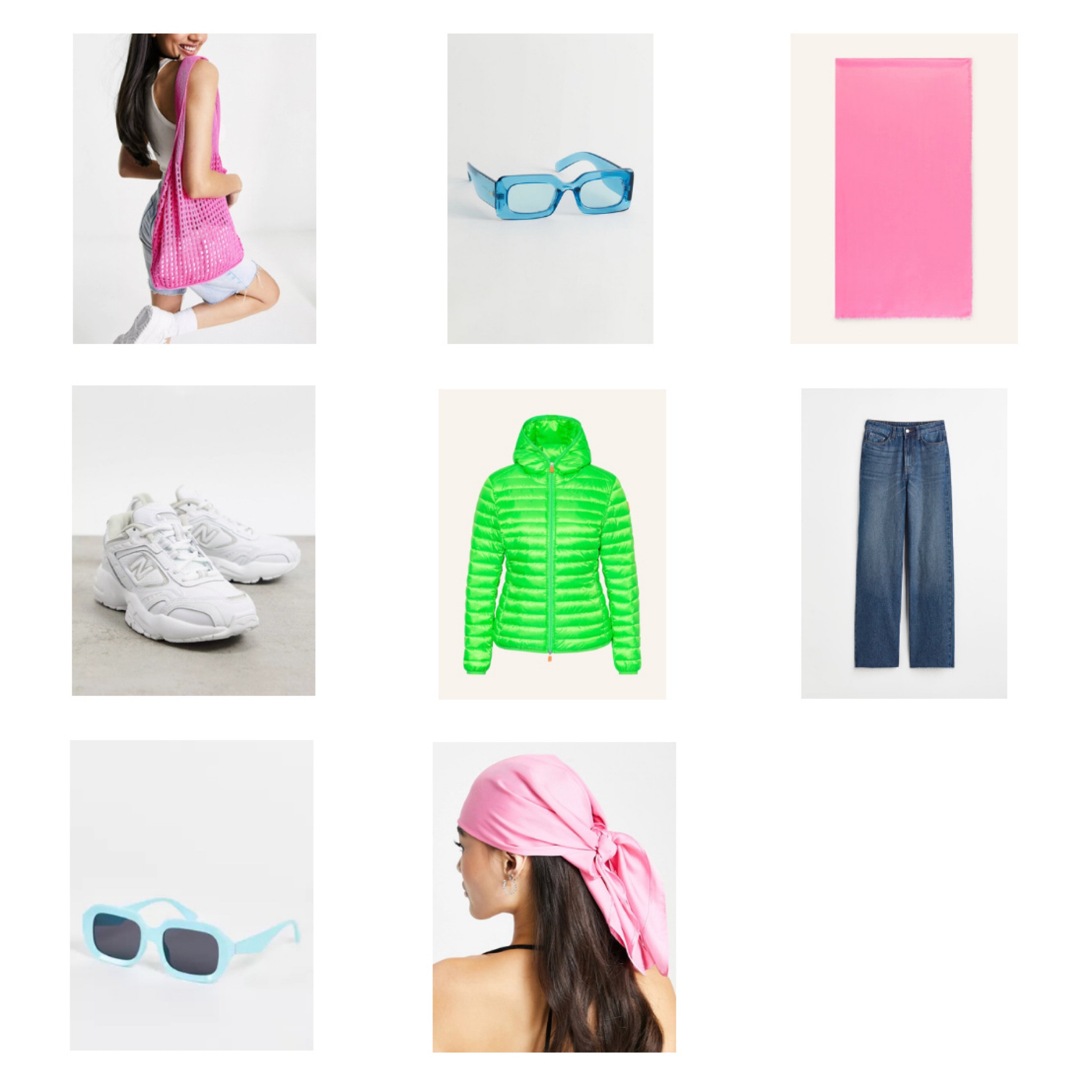 Happy Colors. Fashion Blogger Girl by Style Blog Heartfelt Hunt. Girl with blond hair wearing a neon green puffer jacket, pink headscarf, blue sunglasses, pink crochet bag, wide leg jeans and New Balance sneakers. #colorfuloutfit #colorfulstyle #colorfulfashion #colorfullooks #fashionfun #cutespringoutfit #springfashion2023 #springlookbook #fitcheck #dailylooks #dailylookbook #contentcreator #microinfluencer #discoverunder20k