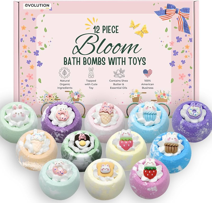 EvolutionUSA 12pc Bloom Bath Bombs with Toys, Adorable Girl Bath Bomb Set, Bubbly Kids Bathbombs,... | Amazon (US)