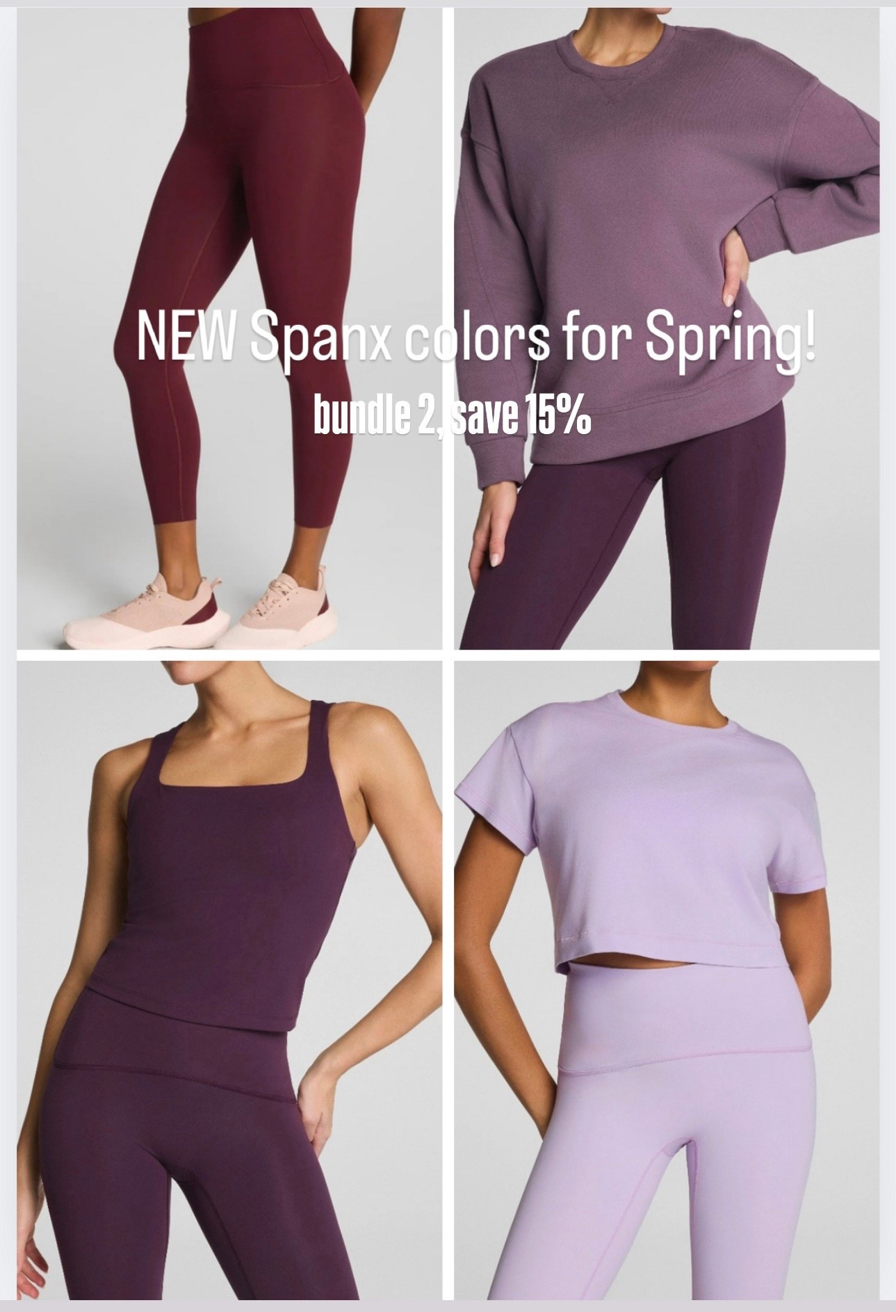 New Spanx colors for Spring. Get active. Spanx activewear. 
Bundle 2, save 15%


#LTKSeasonal #LTKOver40 #LTKSaleAlert
