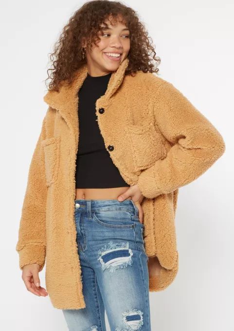 Camel Cozy Sherpa Oversized Shacket | rue21