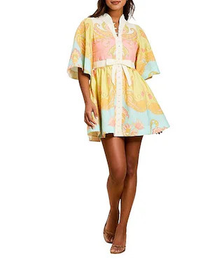 Mestiza New York Carmen Venetian Paisley Mandarin Collar Butterfly Sleeve Mini Dress | Dillard's | Dillard's