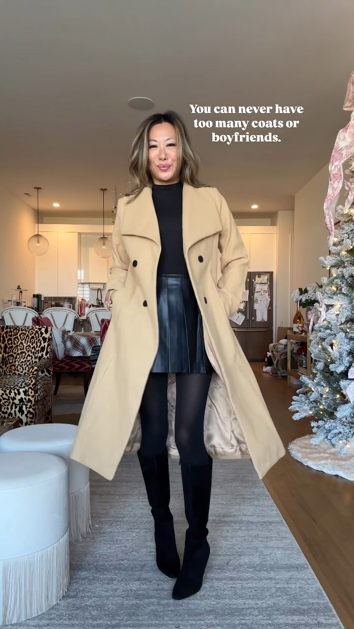 Amazon coat, faux pleated leather skirt, skims like bodysuit, no rip tights, black suede knee high boots, burgundy, camel, and gray coat. Amazon fashion finds, 

#LTKFindsUnder100 #LTKStyleTip #LTKHoliday