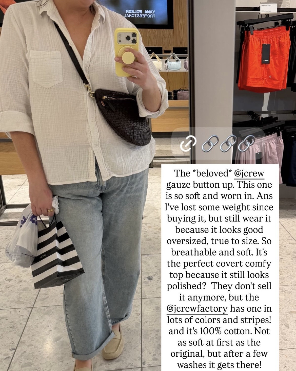 My go-to elevated comfy look = These jeans + a loose button-down top. The jeans are Anthro’s Pilcro Baggy Slim Boyfriend High-Rise Relaxed jeans and are my hands-down FAVORITE comfy jeans, and the top is my tried-and-true J.Crew gauze button-down. Both run true to size, but are stretchy and could be sized down if you want a less oversized look. J.Crew discontinued the original gauze button-down 😢, but they have a 100% cotton version that will still get that extra-soft feel after a few washes!

#LTKPlusSize #LTKMidsize #LTKdayinmylife