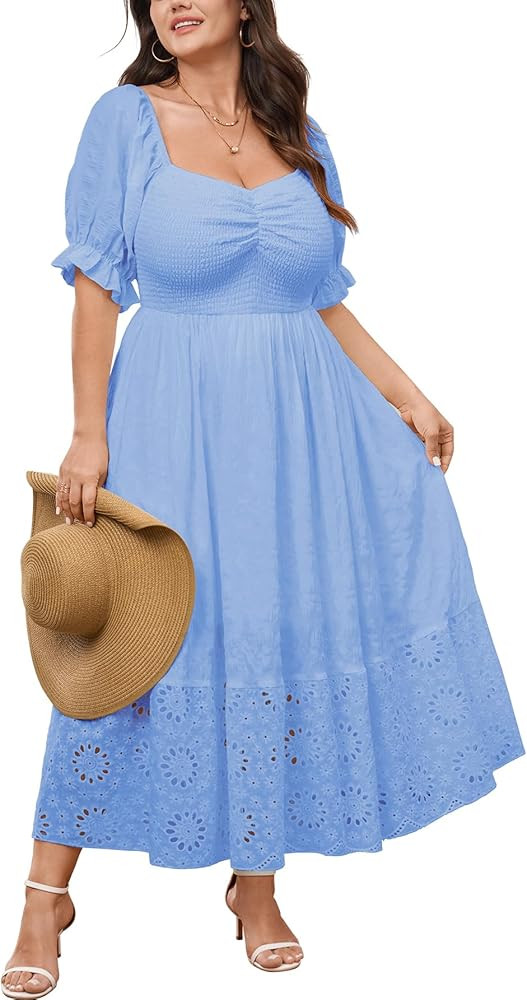 SCOMCHIC Womens Plus Size Summer Dresses Short Sleeve Sweetheart Smocked Lace Eyelet Casual Flowy... | Amazon (US)
